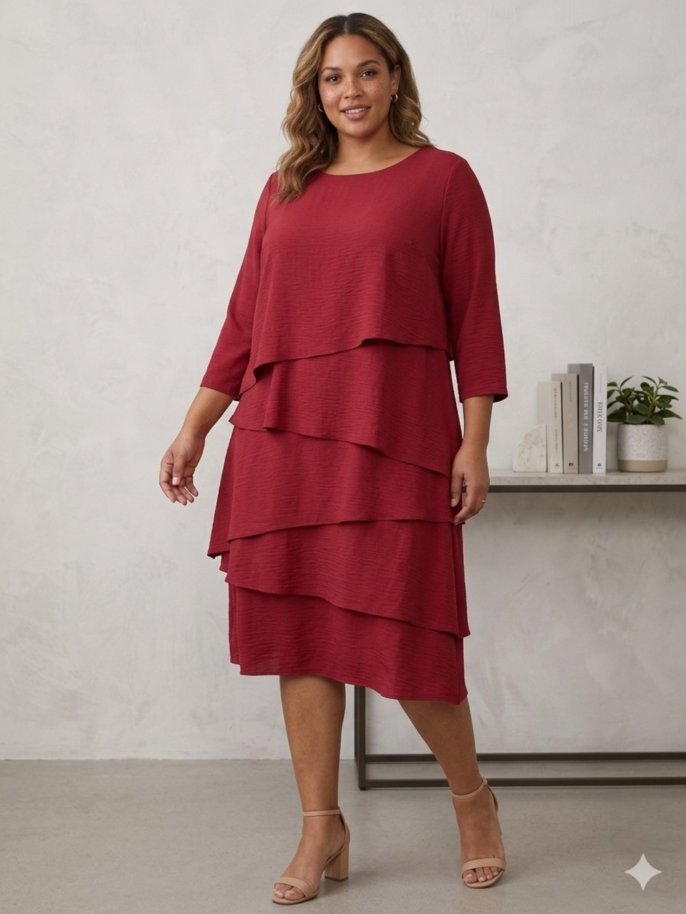 Tahari Women's Tiered Midi Dress in Deep Red